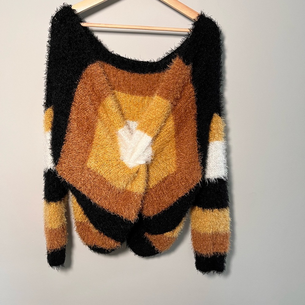 Love + Joy‎ Fuzzy Eyelash Knit Twist Back Striped Sweater Earth Tones Large